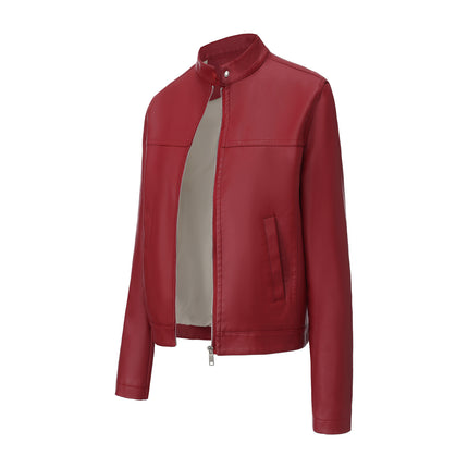 Women's stand collar faux leather biker jacket colors fabric texture and product photo 17