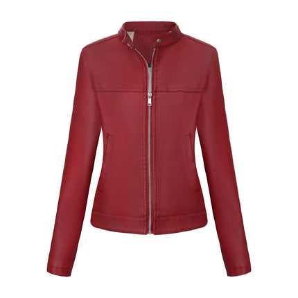 Women's stand collar faux leather biker jacket colors fabric texture and product photo 18