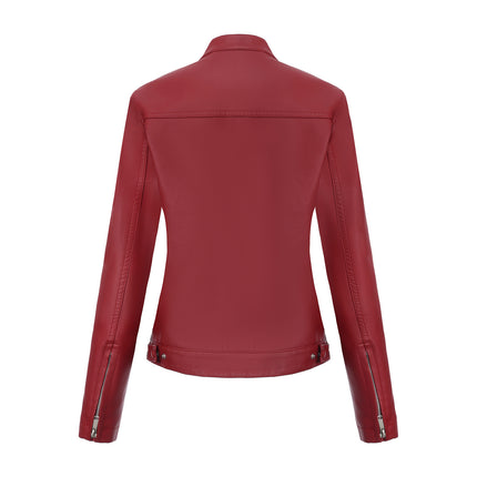 Women's stand collar faux leather biker jacket colors fabric texture and product photo 19