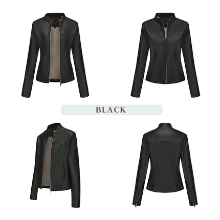 Women's stand collar faux leather biker jacket colors fabric texture and product photo 20