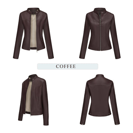 Women's stand collar faux leather biker jacket colors fabric texture and product photo 21
