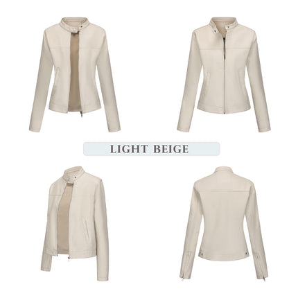 Women's stand collar faux leather biker jacket colors fabric texture and product photo 22