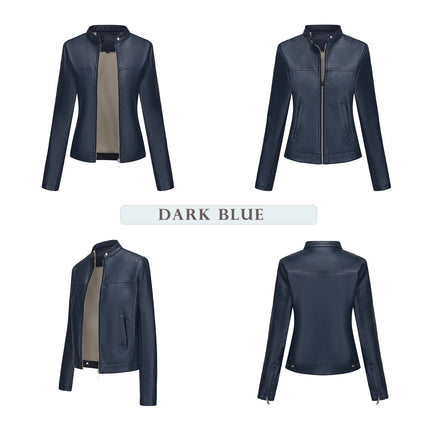 Women's stand collar faux leather biker jacket colors fabric texture and product photo 23