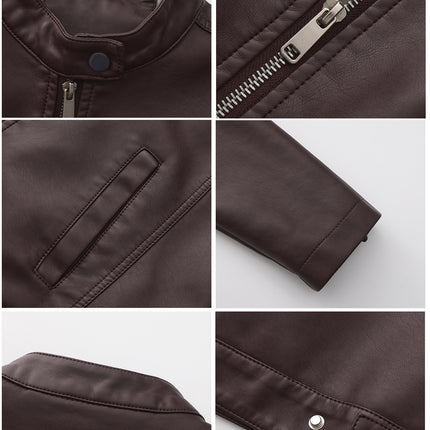 Women's stand collar faux leather biker jacket colors fabric texture and product photo 25