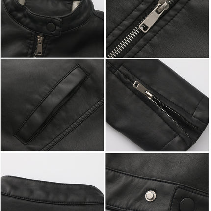Women's stand collar faux leather biker jacket colors fabric texture and product photo 26