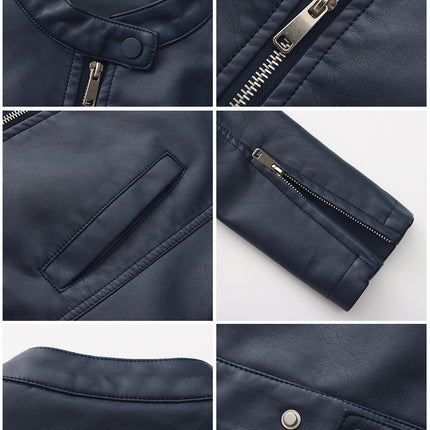 Women's stand collar faux leather biker jacket colors fabric texture and product photo 27