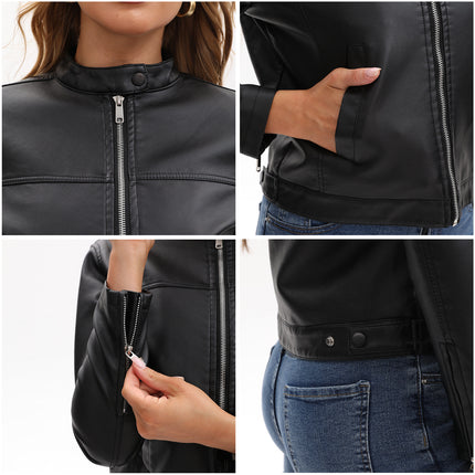 Women's stand collar faux leather biker jacket colors fabric texture and product photo 28