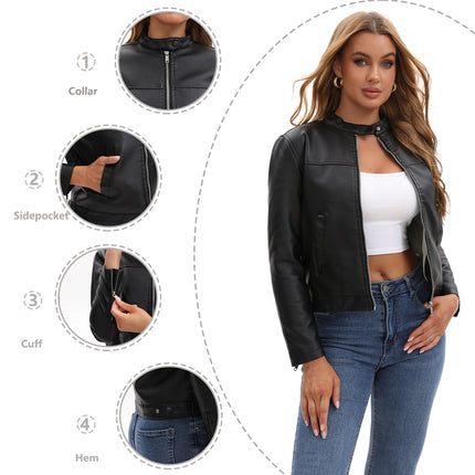Women's stand collar faux leather biker jacket colors fabric texture and product photo 29