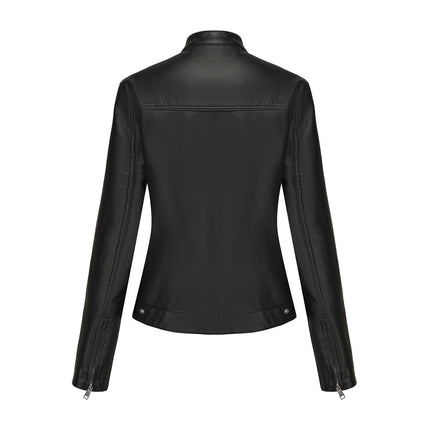 Women's stand collar faux leather biker jacket colors fabric texture and product photo 30