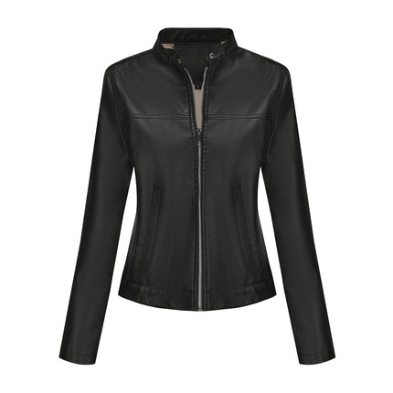 Women's stand collar faux leather biker jacket original detail and styling photograph 31