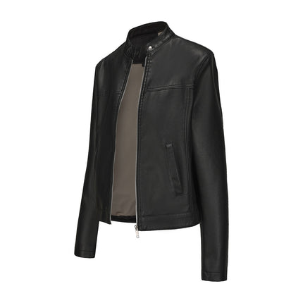 Women's stand collar faux leather biker jacket original detail and styling photograph 32