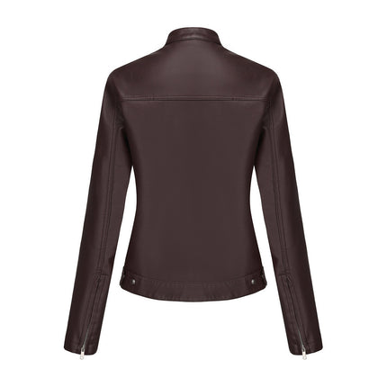Women's stand collar faux leather biker jacket original detail and styling photograph 33