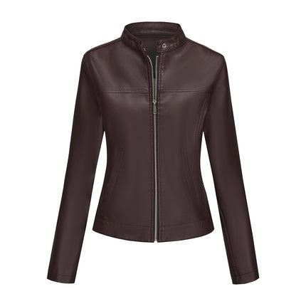 Women's stand collar faux leather biker jacket original detail and styling photograph 34