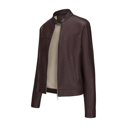 Women's stand collar faux leather biker jacket original detail and styling photograph 35