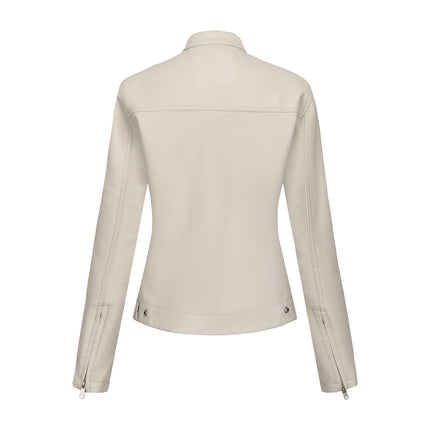 Women's stand collar faux leather biker jacket original detail and styling photograph 36