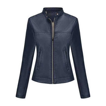 Women's stand collar faux leather biker jacket original detail and styling photograph 39