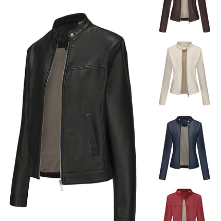 Women's zip-up faux leather stand-collar moto jacket, main-02 original product image