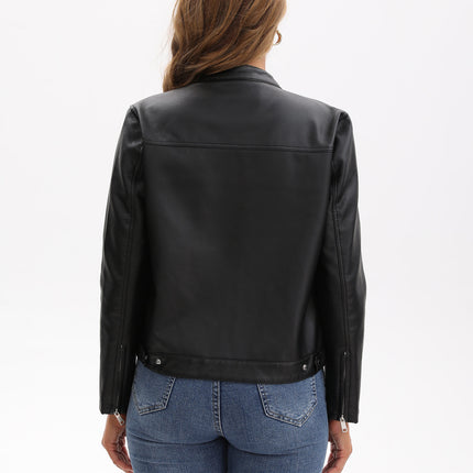 Women's zip-up faux leather stand-collar moto jacket, main-03 original product image