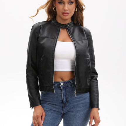Women's zip-up faux leather stand-collar moto jacket, main-04 original product image