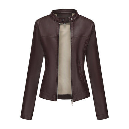 Women's zip-up faux leather stand-collar moto jacket, main-08 original product image