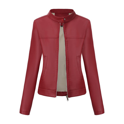 Women's zip-up faux leather stand-collar moto jacket, main-10 original product image
