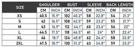 Women's stand collar faux leather biker jacket garment size chart XS to 2XL, cm and inches