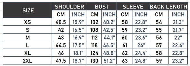 Women's stand collar faux leather biker jacket garment size chart XS to 2XL, cm and inches