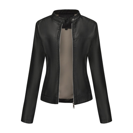 Women's zip-up faux leather stand-collar moto jacket, sku-01 original product image
