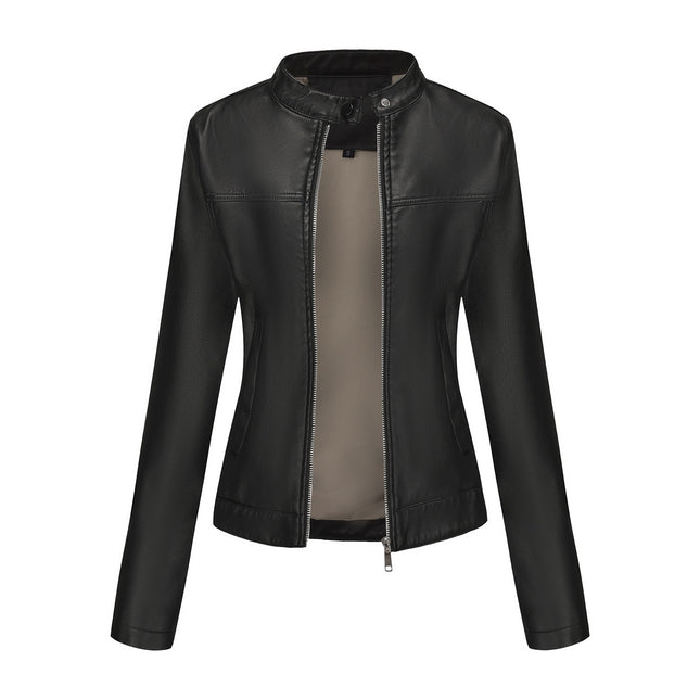 Women's zip-up faux leather stand-collar moto jacket, sku-01 original product image