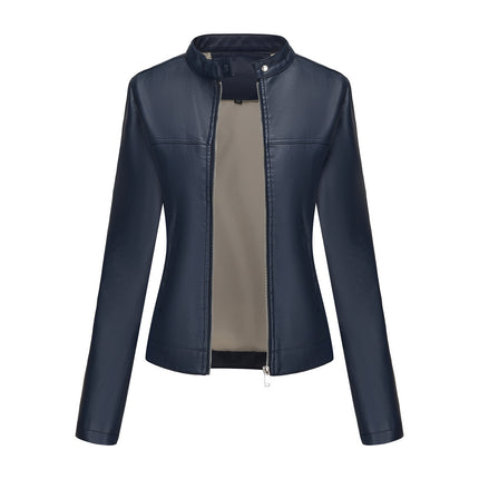 Women's zip-up faux leather stand-collar moto jacket, sku-02 original product image
