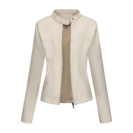 Women's zip-up faux leather stand-collar moto jacket, sku-04 original product image