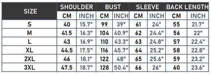 Women's floral embroidered faux leather jacket size chart in cm and inches, S through 3XL