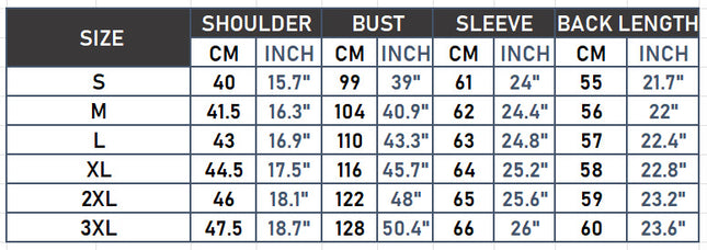 Women's floral embroidered faux leather jacket size chart in cm and inches, S through 3XL