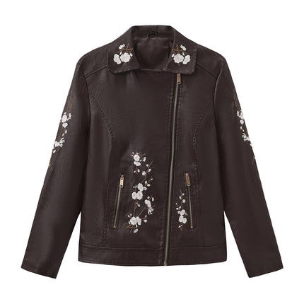 Coffee brown women's embroidered faux leather jacket SKU color photo