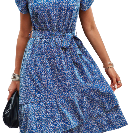 Womens Dresses Summer Sundress Floral Round Neck Slim Tiered A Line Ruffle Dress