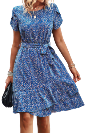 Womens Dresses Summer Sundress Floral Round Neck Slim Tiered A Line Ruffle Dress