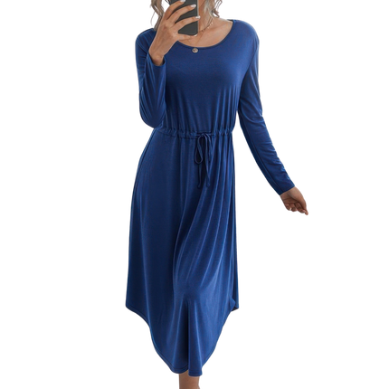 Womens Dresses Summer Solid Round Neck Long Sleeve Drawstring Basic Dress Casual Chic Lightweight Sundress