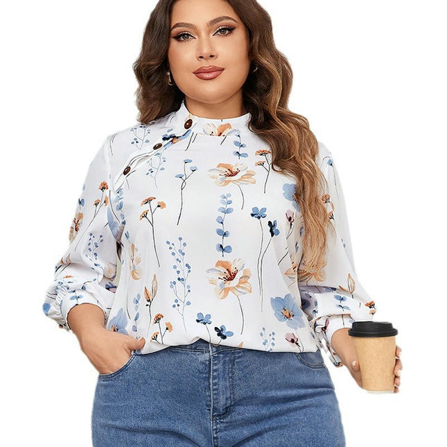 Women's Plus Size Boho Floral Print Stand-up Collar Long Sleeve Blouse Tops