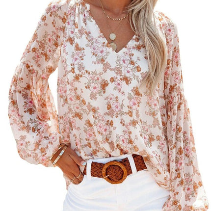 Women's Casual Floral Print V Neck Long Sleeve Lantern Sleeves T Shirt Blouses