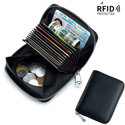 RFID Shielded Large Capacity Card Holder, Genuine Leather Women's Short, Credit Card Holder Wallet, ID Card Holder Coin Purse Zipper