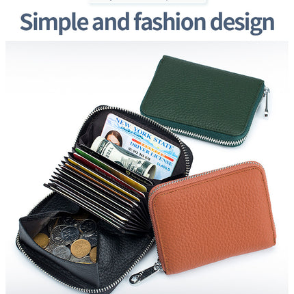 RFID Shielded Large Capacity Card Holder, Genuine Leather Women's Short, Credit Card Holder Wallet, ID Card Holder Coin Purse Zipper