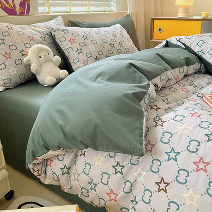 Cotton Reversible  Prints Bedding Duvet Comforter Cover Bedding Sets-1Duvet Cover+1 Fitted Sheet With 2 Pillowcase
