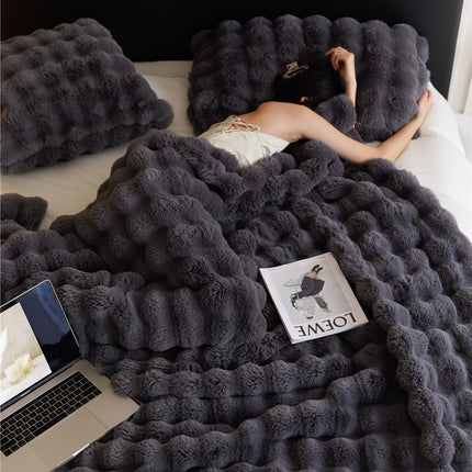Soft textured blanket, cozy fluffy sofa blanket, plush fleece blanket, warm cream faux rabbit blanket, living room bedroom premium reversible bed blanket-B