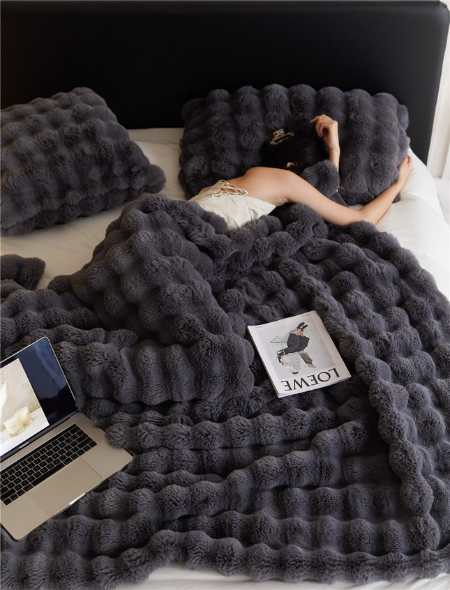 Soft textured blanket, cozy fluffy sofa blanket, plush fleece blanket, warm cream faux rabbit blanket, living room bedroom premium reversible bed blanket-B