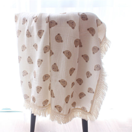 Double Layer Cotton Baby Swaddle Blanket, Cotton Crepe Tassel Blanket, Toddler Bear Printed Blanket, Newborn Baby Stroller Swaddle Blanket