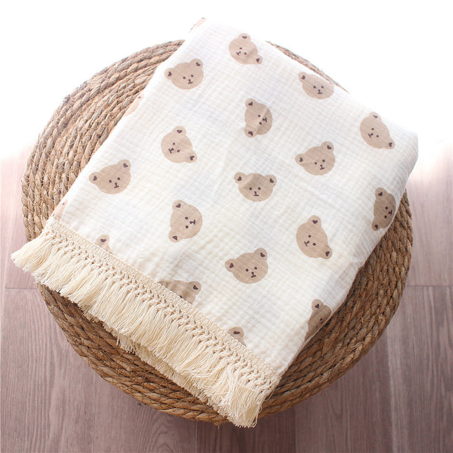 Double Layer Cotton Baby Swaddle Blanket, Cotton Crepe Tassel Blanket, Toddler Bear Printed Blanket, Newborn Baby Stroller Swaddle Blanket