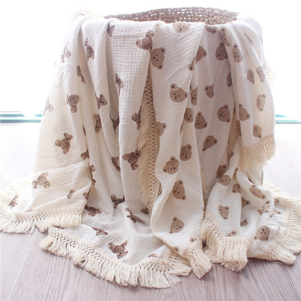 Double Layer Cotton Baby Swaddle Blanket, Cotton Crepe Tassel Blanket, Toddler Bear Printed Blanket, Newborn Baby Stroller Swaddle Blanket