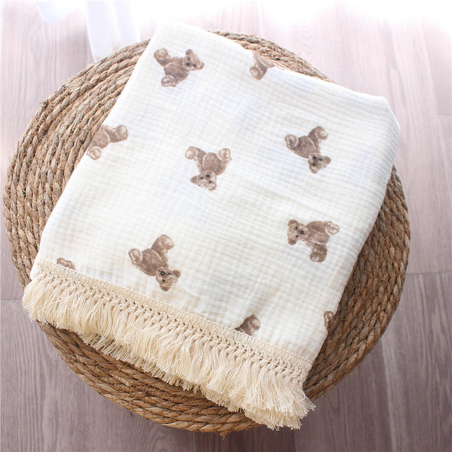 Double Layer Cotton Baby Swaddle Blanket, Cotton Crepe Tassel Blanket, Toddler Bear Printed Blanket, Newborn Baby Stroller Swaddle Blanket