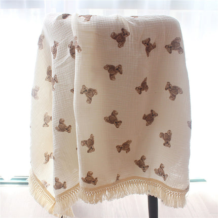 Double Layer Cotton Baby Swaddle Blanket, Cotton Crepe Tassel Blanket, Toddler Bear Printed Blanket, Newborn Baby Stroller Swaddle Blanket
