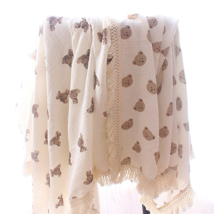 Double Layer Cotton Baby Swaddle Blanket, Cotton Crepe Tassel Blanket, Toddler Bear Printed Blanket, Newborn Baby Stroller Swaddle Blanket